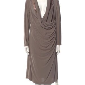 St. John Taupe Draped Long-Sleeve Midi Dress